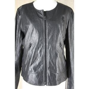 Theory Black Leather Fida Crop Front Zip Biker Jacket Size Large $815 Womens Sz